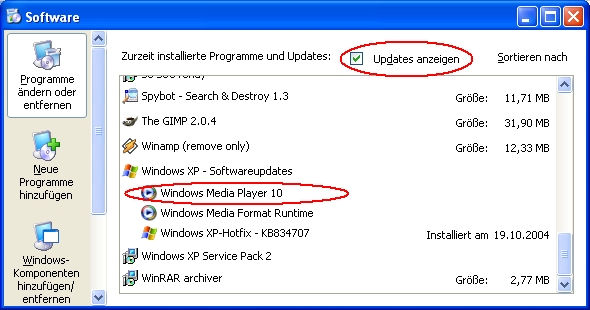 Systemsteuerung - Software - Updates anzeigen - Windows Media Player